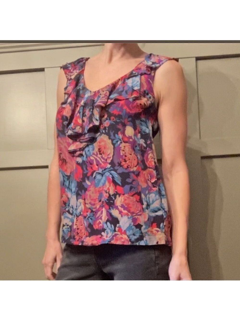 𝅺ANTHROPOLOGIE Moulinette Soeurs 100% Silk Floral Ruffle Blouse Size 2